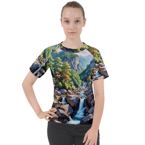 Serene Mountain Waterfall Landscape Women s Sport Raglan T-shirt by ExtraAwesomeSauce