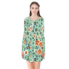 Retro 1960s Flowers Pattern 3 Long Sleeve V-neck Flare Dress by violetheavensky