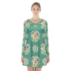 Retro 1960s Flowers Pattern 2 Long Sleeve Velvet V-neck Dress by violetheavensky