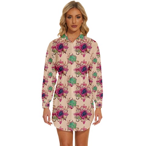 Retro 1880s Flowers Pattern 10 Womens Long Sleeve Shirt Dress by violetheavensky