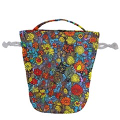 Mid Century Retro Floral 1970s 1960s Pattern 56 Drawstring Bucket Bag by violetheavensky