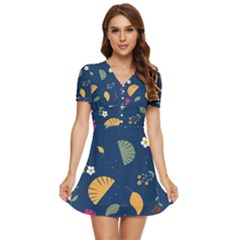 Cute Korean Pattern V-neck High Waist Chiffon Mini Dress by designsbymallika