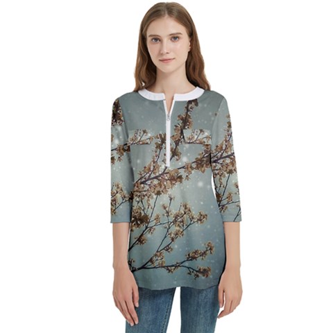 Dreamy Nature Motif Women s Zip Front V-neck 3/4 Sleeve Casual Top Pocket Shirt by dflcprintsclothing