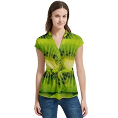 Kiwi Fruits, Close-up, Exotic Fruit Women s Cap Sleeve Mandarin Collar Waist Tie Blouse by kyorashop23