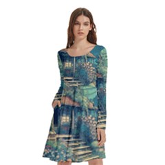 House Garden Building Flowers Long Sleeve Knee Length Skater Dress With Pockets by Salmanaz77
