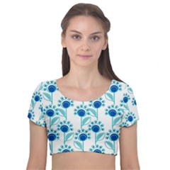 Blue Daisy Minimalist Leaves   Velvet Short Sleeve Crop Top  by ConteMonfrey