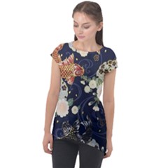 Japanese Wave Koi Illustration Pattern Cap Sleeve High Low Top by Ndabl3x