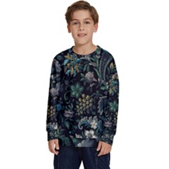 Pattern Flowers Plants Leaves Kids  Crewneck Sweatshirt by Posterlux