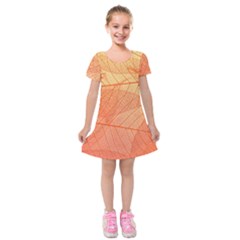 Abstract Texture Of Colorful Bright Pattern Of Transparent Leaves Of Orange And Yellow Color Kids  Short Sleeve Velvet Dress by Posterlux