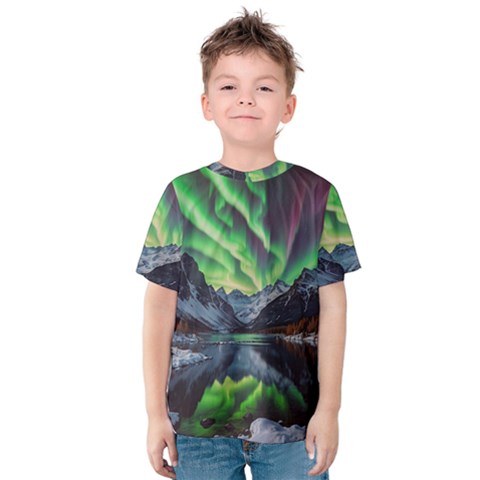 Lake Mountains Aorora Northern Lights Snow Kids  Cotton T-shirt by Paksenen
