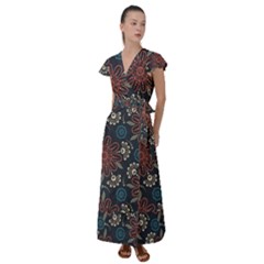 Retro Texture With Orange Flowers Floral Flutter Sleeve Maxi Dress by Paksenen