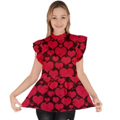 Valentines Day Hearts Pattern Love Red Ruffle Collar Short Sleeve Chiffon Top by Maspions