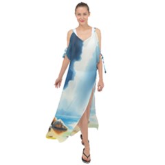 Delicate Watercolor Painting Surreal Oasis Scene With Intense Dramatic Lighting Maxi Chiffon Cover Up Dress by pollyparadiseartshop