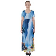 Delicate Watercolor Painting Surreal Oasis Scene With Intense Dramatic Lighting High Waist Short Sleeve Maxi Dress by pollyparadiseartshop