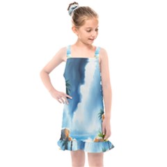 Delicate Watercolor Painting Surreal Oasis Scene With Intense Dramatic Lighting Kids  Overall Dress by pollyparadiseartshop