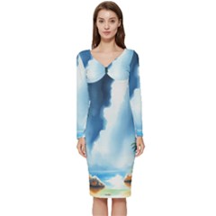 Delicate Watercolor Painting Surreal Oasis Scene With Intense Dramatic Lighting Long Sleeve V-neck Bodycon Dress  by pollyparadiseartshop