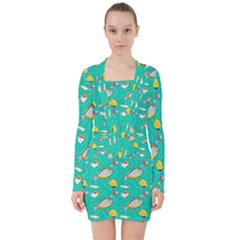 Naso Flame Fabric V-neck Bodycon Long Sleeve Dress by SeaworthyClothing
