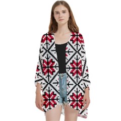 Ukrainian Folk Seamless Pattern Ornament Ethnic Ornament Border Element Traditional Art Open Front 3/4 Sleeve Batwing Chiffon Cardigan Kimono by Grandong