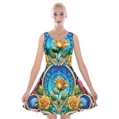 Roses Floral Stained Glass Vibrant Velvet Skater Dress by Grandong