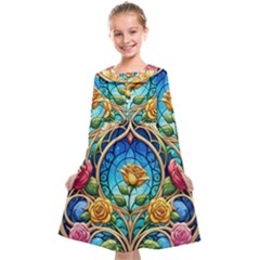 Roses Floral Stained Glass Vibrant Kids  Midi Sailor Dress by Grandong