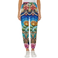Roses Floral Stained Glass Vibrant Women s Cropped Drawstring Pants by Grandong