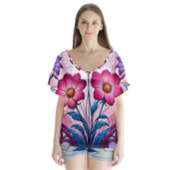 Fantasy Pink Flowers Stained Glass V-neck Flutter Sleeve Top by Grandong