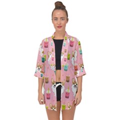 Corgi Bubble Boba Tea Pink Pattern Open Front Chiffon Kimono by Salmanaz77