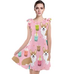 Corgi Bubble Boba Tea Pink Pattern Tie Up Tunic Dress by Salmanaz77