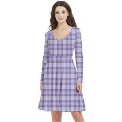 Purple Plaid Tartan 2 Long Sleeve V-neck Skater Dress With Pockets by dressshop