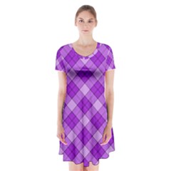 Purple Plaid Tartan 3 Diagonal (2) Short Sleeve V-neck Flare Dress by dressshop