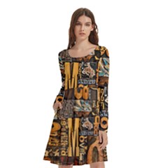 3d Letters Macro Wooden Letters Letters Textures Long Sleeve Knee Length Skater Dress With Pockets by Salmanaz77