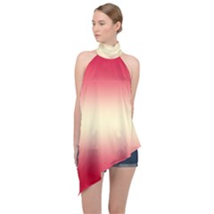 Crimson Red To Cream Yellow Bilinear Gradient Halter Asymmetric Satin Top by GradientsOmbre