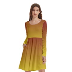 Burgundy Red To Electric Yellow Linear Gradient Long Sleeve Knee Length Skater Dress With Pockets by GradientsOmbre
