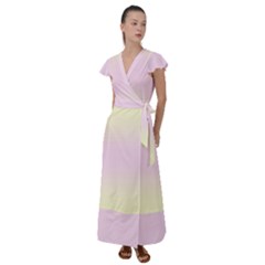 Cream Yellow To Pink Lace Bilinear Gradient Flutter Sleeve Maxi Dress by GradientsOmbre