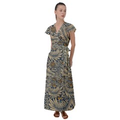 Brown Vintage Background Vintage Floral Pattern, Brown Flutter Sleeve Maxi Dress by kyorashop23