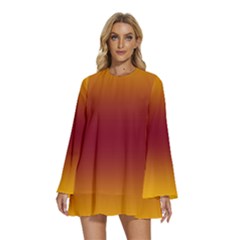 Amber Orange To Burgundy Red Bilinear Gradient Round Neck Long Sleeve Bohemian Style Chiffon Mini Dress by GradientsOmbre