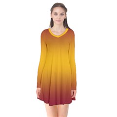 Burgundy Red To Amber Orange Bilinear Gradient Long Sleeve V-neck Flare Dress by GradientsOmbre