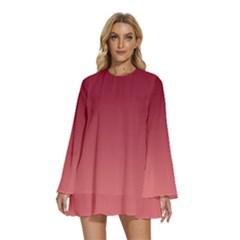 Burgundy Red To Coral Pink Linear Gradient Round Neck Long Sleeve Bohemian Style Chiffon Mini Dress by GradientsOmbre