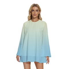 Cream Yellow To Baby Blue Linear Gradient Round Neck Long Sleeve Bohemian Style Chiffon Mini Dress by GradientsOmbre