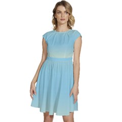 Cream Yellow To Baby Blue Bilinear Gradient Cap Sleeve High Waist Dress by GradientsOmbre