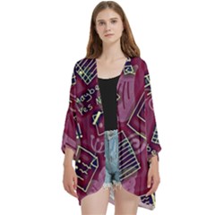 Abstract Art Pattern Design Background Open Front 3/4 Sleeve Batwing Chiffon Cardigan Kimono by Grandong