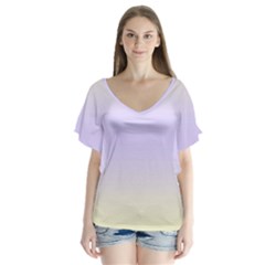 Cream Yellow To Pale Violet Bilinear Gradient V-neck Flutter Sleeve Top by GradientsOmbre
