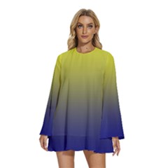 Electric Yellow To Navy Blue Linear Gradient Round Neck Long Sleeve Bohemian Style Chiffon Mini Dress by GradientsOmbre