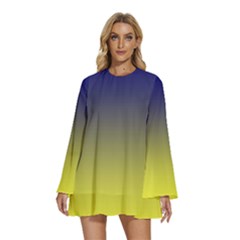 Navy Blue To Electric Yellow Linear Gradient Round Neck Long Sleeve Bohemian Style Chiffon Mini Dress by GradientsOmbre
