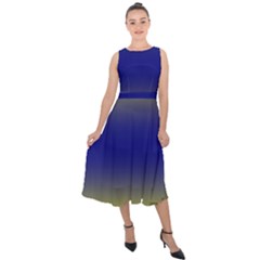 Electric Yellow To Navy Blue Bilinear Gradient Midi Tie-back Chiffon Dress by GradientsOmbre