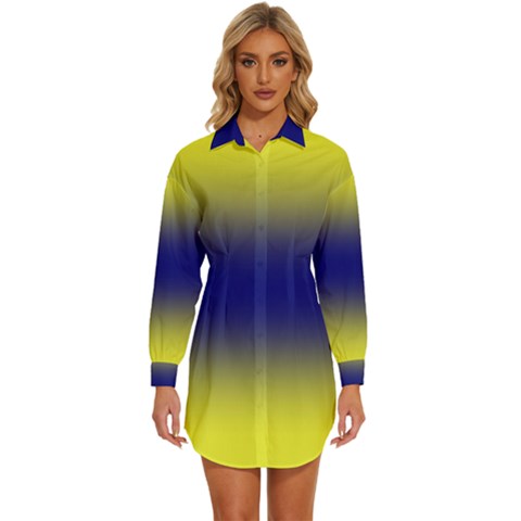 Electric Yellow To Navy Blue Bilinear Gradient Womens Long Sleeve Shirt Dress by GradientsOmbre