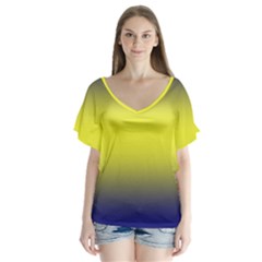 Navy Blue To Electric Yellow Bilinear Gradient V-neck Flutter Sleeve Top by GradientsOmbre
