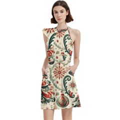 Christmas Tree Snow Cocktail Party Halter Sleeveless Dress With Pockets by Bedest