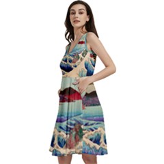 Wave Japanese Mount Fuji Ocean Sleeveless V-neck Skater Dress With Pockets by Bedest
