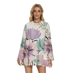 Flowers Pattern Floral Round Neck Long Sleeve Bohemian Style Chiffon Mini Dress by Sabxi